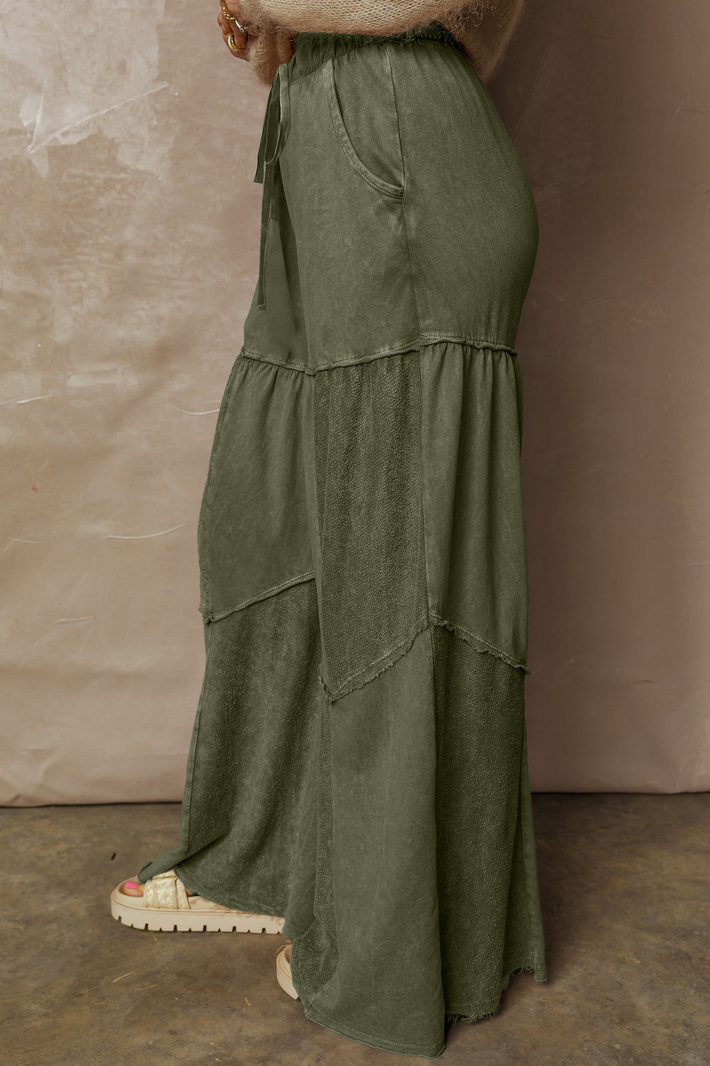 Black Mineral Wash Tiered Wide Leg Patchwork Drawstring Pants