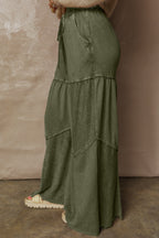 Black Mineral Wash Tiered Wide Leg Patchwork Drawstring Pants