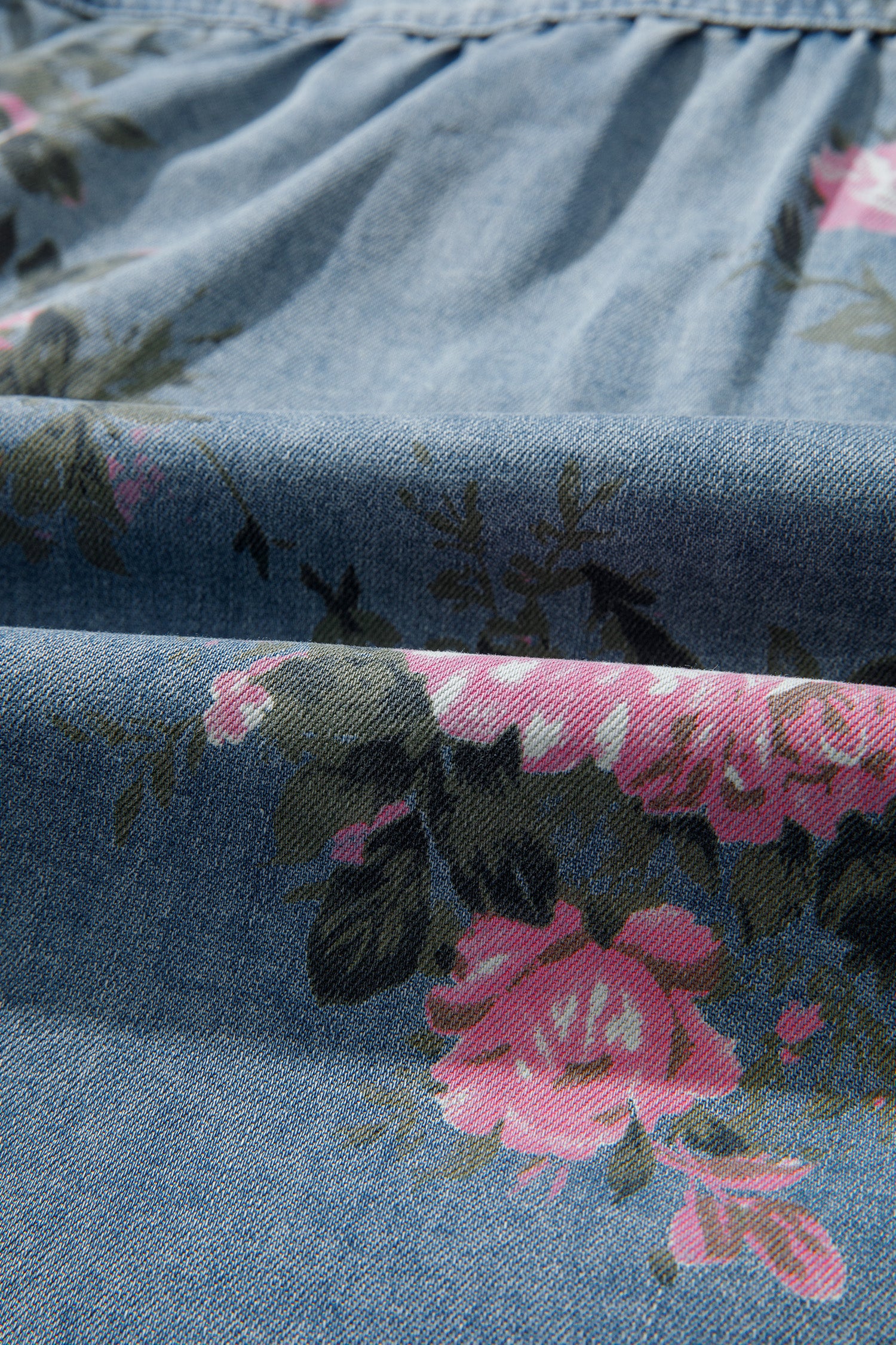 Blue Bracelet Sleeve Floral Denim Shirt