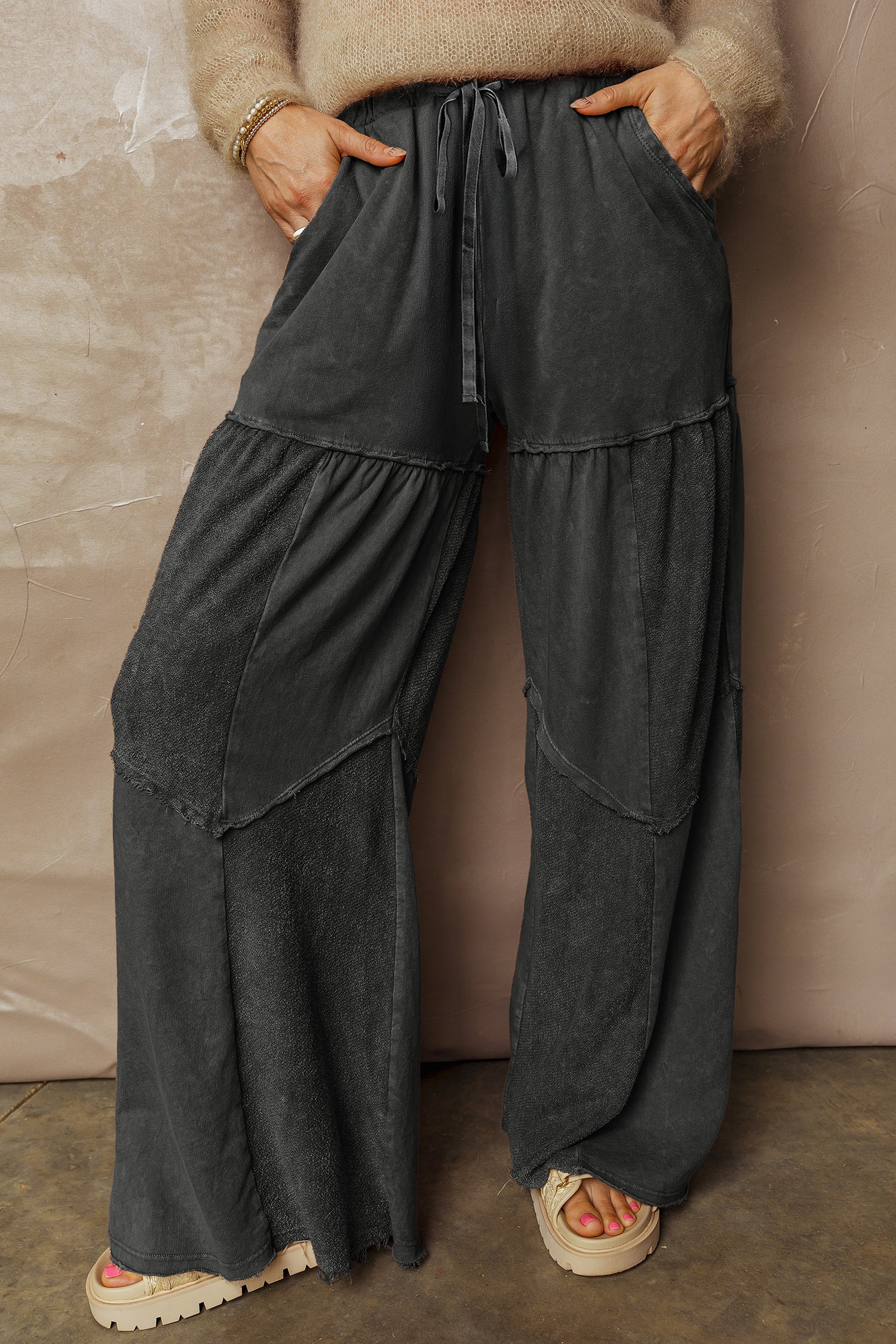 Black Mineral Wash Tiered Wide Leg Patchwork Drawstring Pants