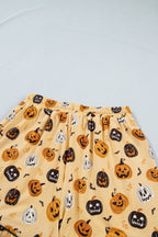 Orange Long Sleeve Ruffle Pumpkin Face Print Two Piece Lounge Set